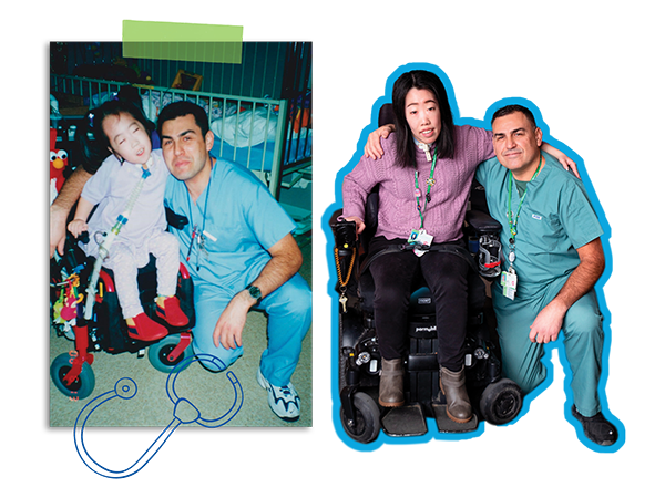 Left photo: a child on a wheelchair and an adult with hospital outfit. Right photo: two adults, one on wheelchair and the other one with hospital outfit