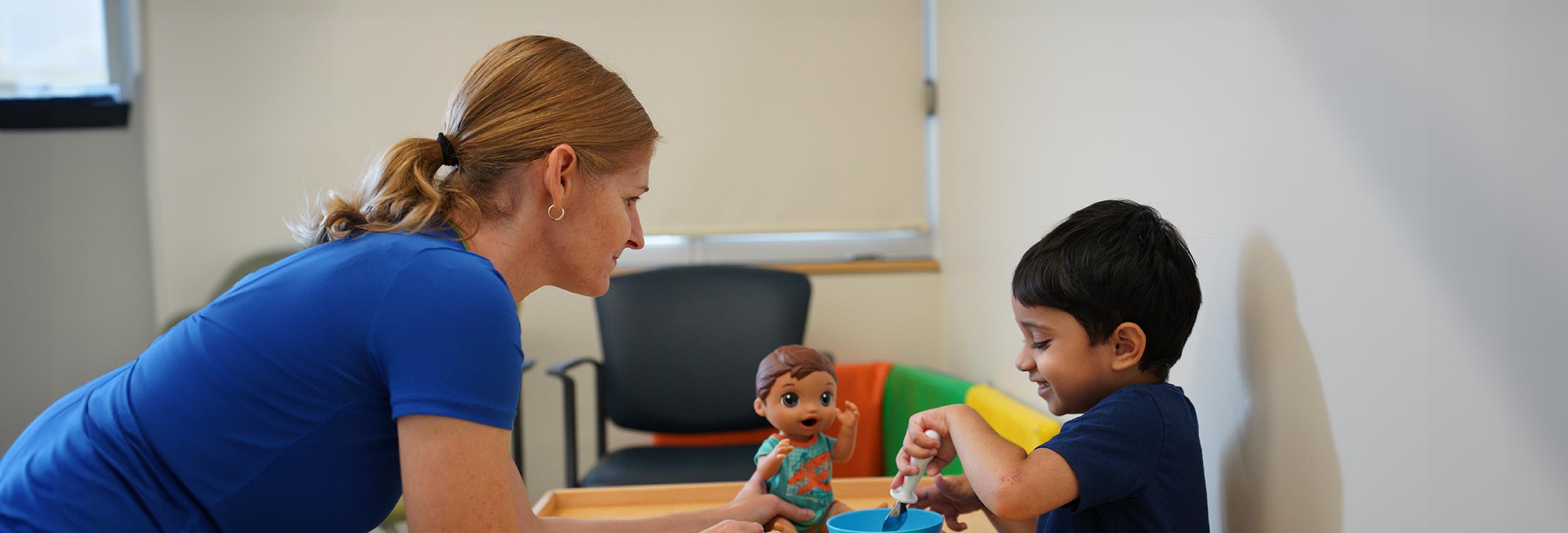 Christie Raffaele, occupational therapist, meets with five-year-old, Max, at a session in our Neurodevelopmental Disorders Restrictive Eating Clinic