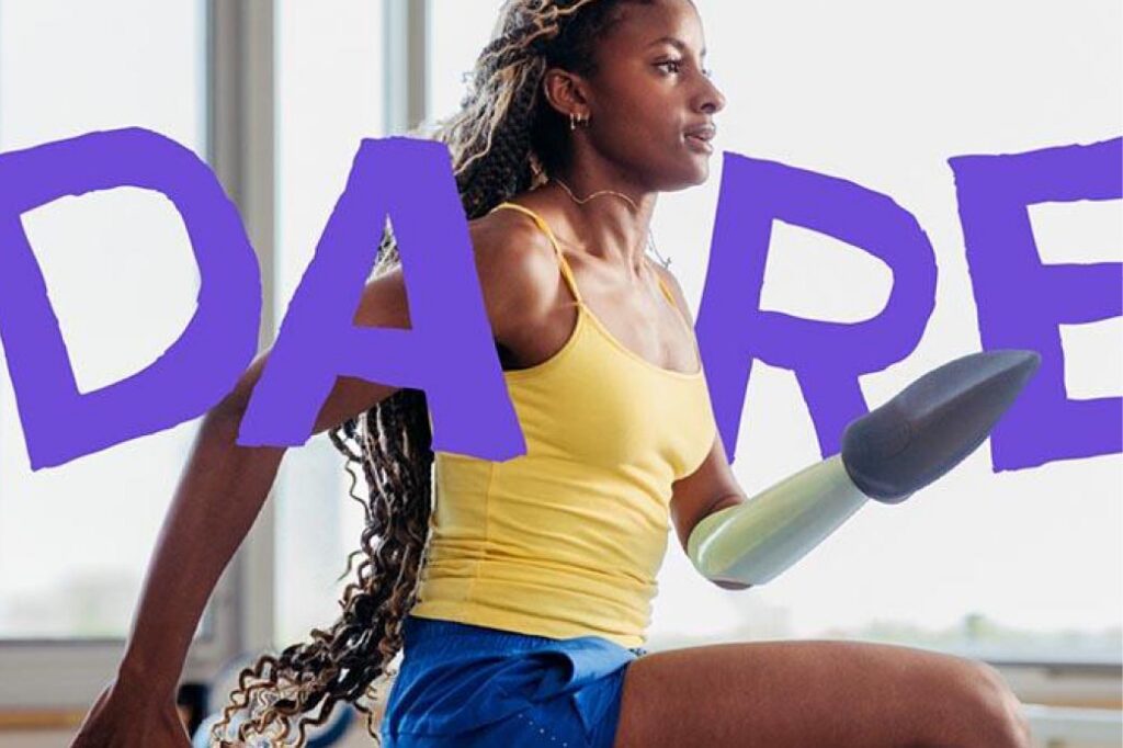 A teenager is running, with the word "DARE" at the background